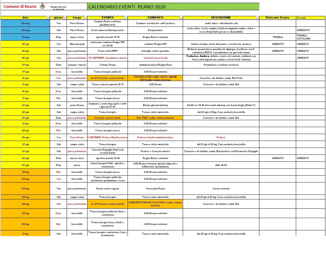 Calendario per i mesi di:  maggio, giugno e luglio 2026